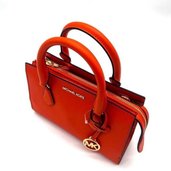 Michael Kors Sheila Small Center Zip Satchel Shoulder Crossbody Bag Orange/Gold - Picture 6 of 11